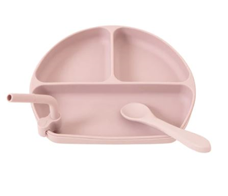 All4Ella Silicone Plate with Straw & Spoon - Dusty Pink