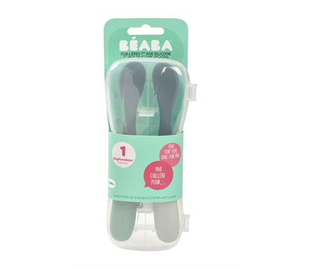 Beaba 1st Stage Silicone Spoons Two-Tone With Case - Mineral/ Sage