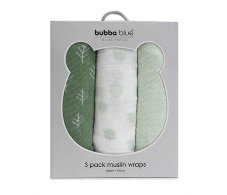 Bubba Blue Nordic 3 pack Muslin Wrap Avacado/Forest