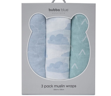 Bubba Blue Nordic 3 pack Muslin Wrap Dusty Sky-Mint