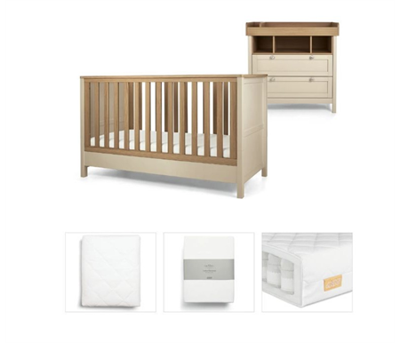 Mamas & Papas Cashmere Harwell Bundle 6pc Set - Cot, Mattress, Dresser, Changetable Top, Quilted Mattress Protector, Fitted Sheet