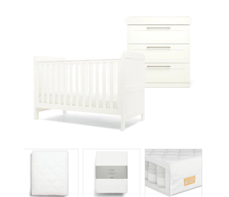 Mamas & Papas White Hampden Bundle 6pc Set - Cot, Mattress, Dresser, Changetable Top, Quilted Mattress Protector, Fitted Sheet