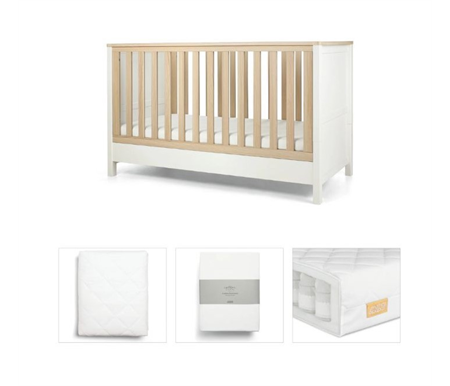 Mamas & Papas White Harwell Bundle 4pc Set - Cot, Mattress, Quilted Mattress Protector, Fitted Sheet