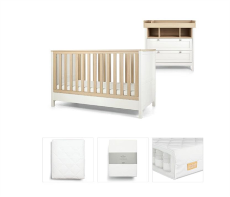 Mamas & Papas White Harwell Bundle 6pc Set - Cot, Mattress, Dresser, Changetable Top, Quilted Mattress Protector, Fitted Sheet