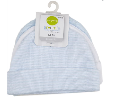 Playette 3 Pack Preemie Caps Blue/White